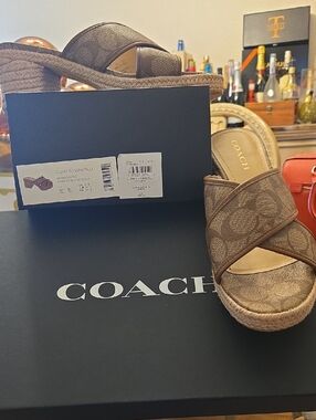 Coach Brown Monogram Espadrille Platform Sandals